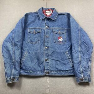 Vintage IMUS Denim Jacket Mens XLT Blue Auto Body Express USA Flag Flannel Lined